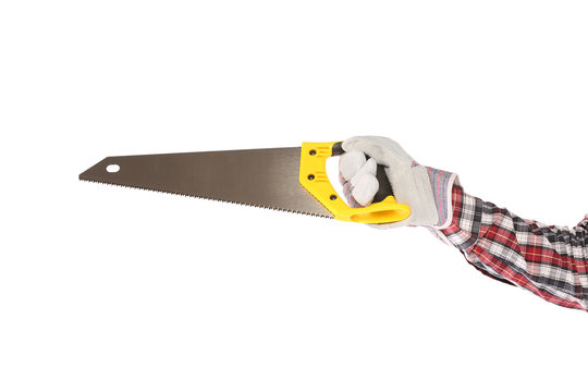 Handyman,workman holding a saw cutting in working gloves