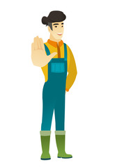 Asian farmer showing palm hand.