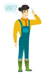 Farmer with question what in speech bubble.