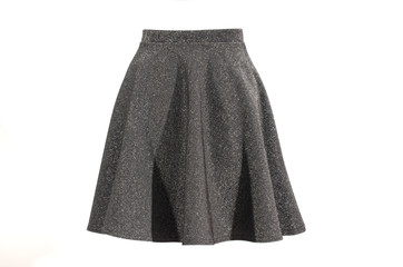 Gray sparkly skirt isolated on white background. Festive short silver skirt  cut out on white.