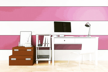 3D Rendering : illustration of modern interior Creative designer office desktop with PC computer.working place of graphic design.close-up.filtered image to comic halftone style