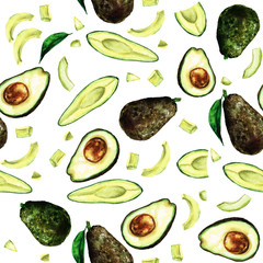 Avocados seamless pattern. Watercolor Illustration. 