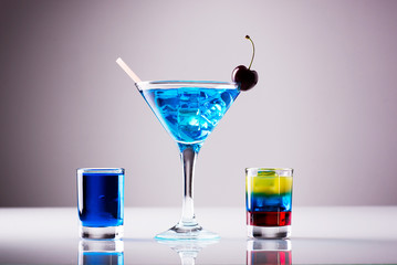 Light colored cocktails; blue curacau based shots