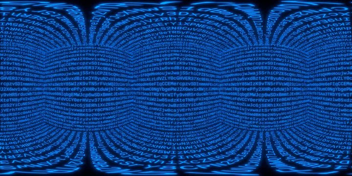 360VR Video. Matrix cube. 360 degree virtual reality video. Blue, alphanumeric variant, loop able