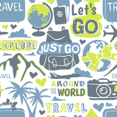 Fototapeta na wymiar Travel theme seamless pattern with modern graphic vector illustration.