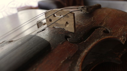 close up on the bridge of a vintage violin