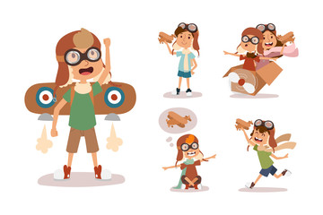 Cartoon vector kids playing pilot aviation character. © Vectorvstocker