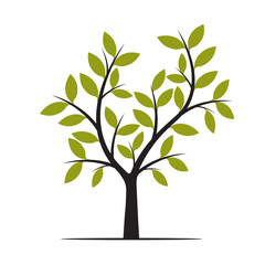 Black Tree with Green Leafs. Vector Illustration.