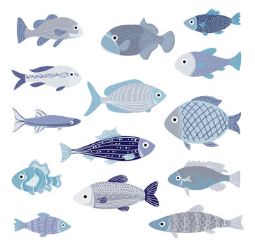 Vector Set of of Cartoon Blue Fishes
