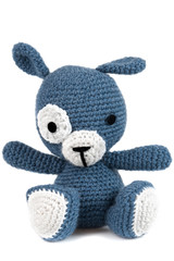 Blue and white knitted stuffed teddy bear