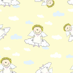 Seamless vector pattern texture angel in the clouds