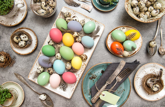 Colored Easter eggs table decoration