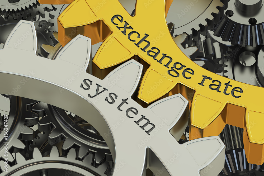 Poster exchange rate system concept on the gearwheels, 3d rendering