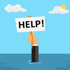 Businessman hand holding a signs with the word 'help' in the ocean.