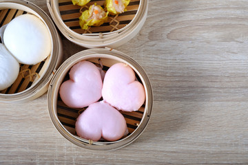 Heart shape streamed Chinese buns, Dim Sum for valentine days