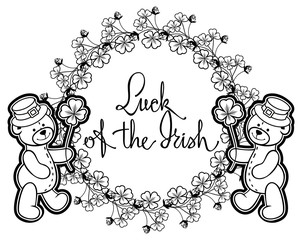 Outline round frame with shamrock contour and teddy bear. Vector clip art.