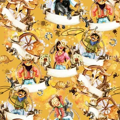 Raamstickers Cowboys and Cowgirls. Watercolor seamless pattern © nataliahubbert