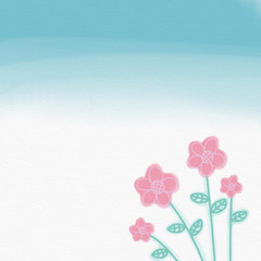 Pink flowers on blue and white gradient watercolor illustration background