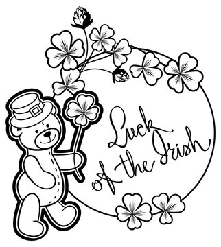 Outline round frame with shamrock contour and teddy bear. Vector clip art.