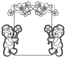 Outline  frame with shamrock contour and teddy bear. Vector clip art.