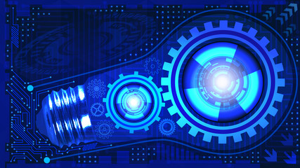 Abstract technological background with light bulb, gears and microchip of blue shades. Concept of light bulb with gears inside mechanism