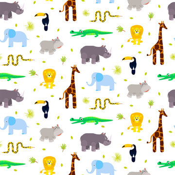 Zoo animals kid seamless pattern vector. Giraffe, lion, rhino, crocodile and elephant on white background.