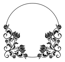 Black and white round frame with flowers silhouettes. 