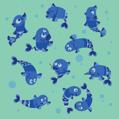 Funny fish collection vector illustration of a flat style.