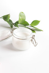 natural organic cosmetics with herbs for baby on white background