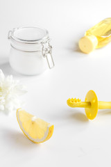 natural organic cosmetics with herbs for baby on white background