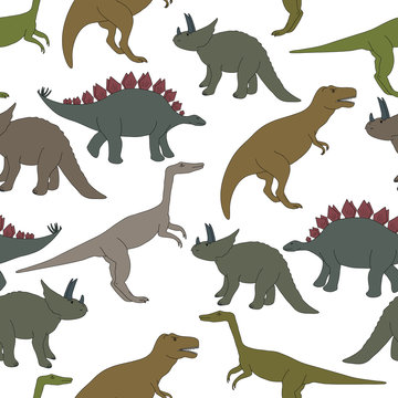 Vector seamless pattern. Hand drawn set of dinosaurs.