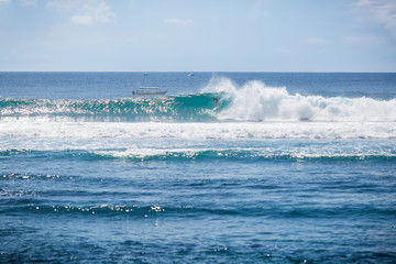 Tropical surfing on blue wave in Bali. Sunny day in paradise