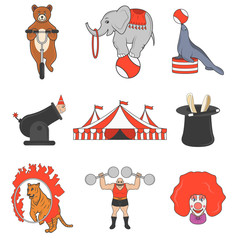 Set of circus color icons, design elements isolated on white background. Flat style.