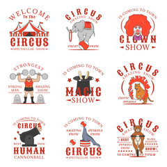 Set of circus logos, emblems, labels and badges. Set of vector templates isolated on white background.