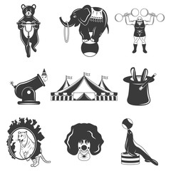 Set of circus monochrome icons, design elements isolated on white background. Flat style.