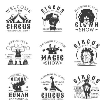 Circus set of vector vintage emblems, labels, badges and logos in monochrome style on white background.