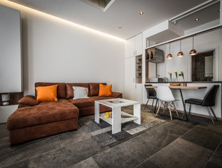 Interior design of modern living room interior with sofa