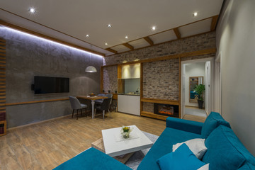 Interior design of modern living room interior with sofa