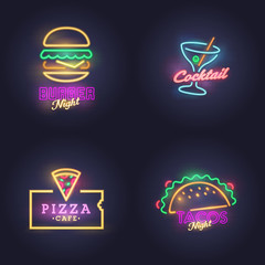 Burger, Cocktail, Nacos and Pizza neon sign. bright signboard. light banner.