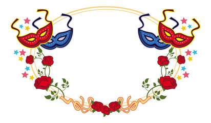Color frame with carnival masks and red roses. Vector clip art.