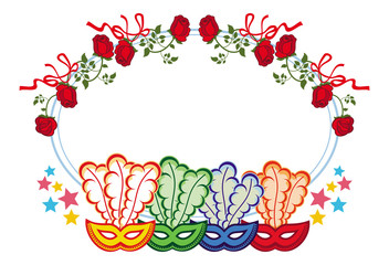Color frame with carnival masks and red roses. Vector clip art.