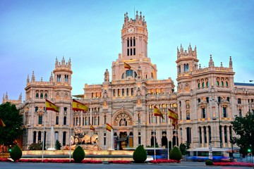 Palace of Communications in Plaza de Cibeles at dusk, Madrid, Spain