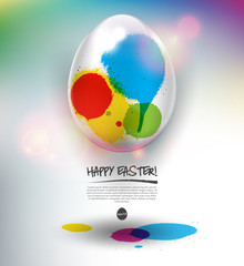 Happy Easter greeting card. Design elements for holiday cards. White Easter egg with colorful watercolor design and realistic shine and shadow on the light background. Vector illustration. Eps10.