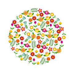 Plakat flowers and branches in circle shape over white background. spring season concept. vector illustration