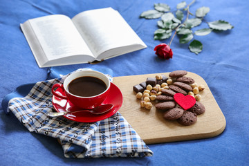 Festive breakfast in bed concept.