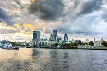 Fototapeta na wymiar Sunset panorama of city of London and Thames river, England, Great Britain