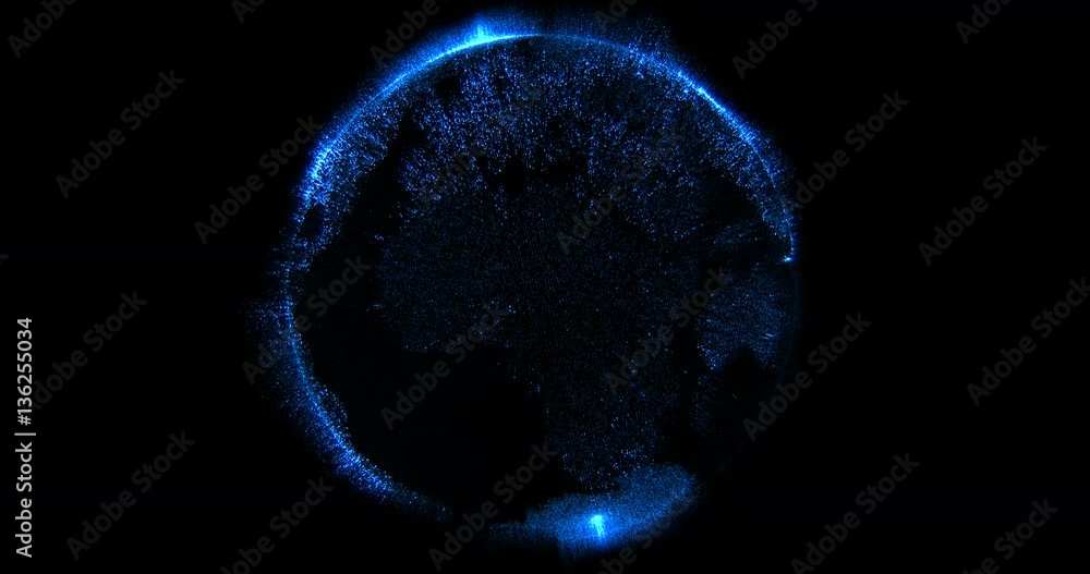 Wall mural 3d rendering of blue particles sparkle glitter with shape of detailed virtual planet earth world glo