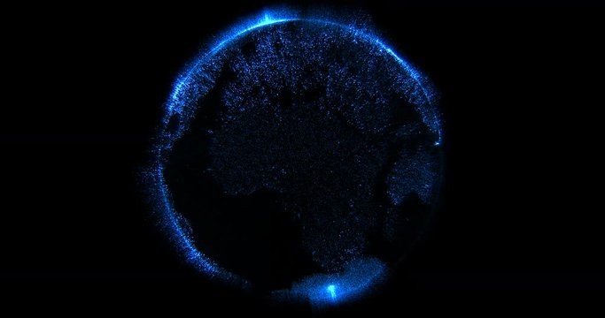 3d rendering of blue particles sparkle glitter with shape of detailed virtual planet earth world globe on black background, new technology concept with alpha, channel, matte