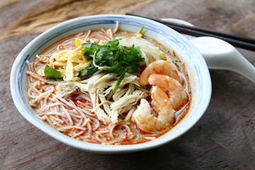 Bowl of Sarawak laksa, a dish unique to the state of Sarawak in Malaysia.
