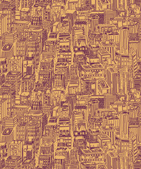 Hand drawn seamless pattern with skyscrapers. Hand drawn Vintage illustration with New York city NYC, cityscape with panoramic view of architecture, skyscrapers, megapolis, buildings, downtown.